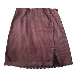 H&M‎ XS Ribbed Lace Slip Skirt Chocolate Brown Front Slit Y2K Aesthetic Mini
